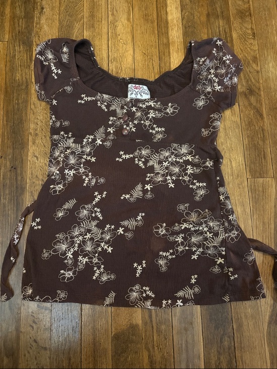 Deb Tops - Brown with a Floral Cream Scoop Neck Tunic, Bodice Buttons, and a Waist Tie